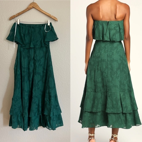 Love You So Truly Dark Green Burnout Floral Strapless Midi Dress - Picture 3 of 10